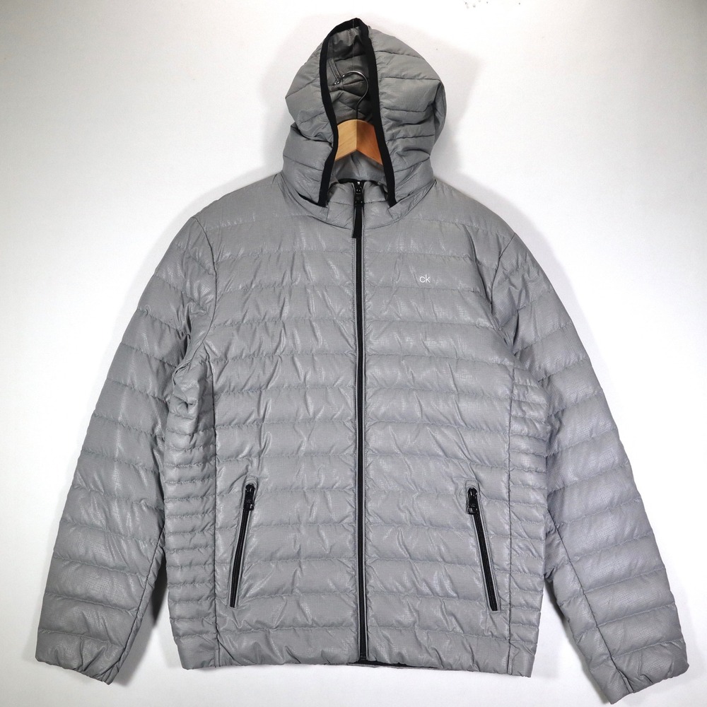 Calvin Klein Puffer Jacket Mens M Grey Packable Down Detachable Hood Warm